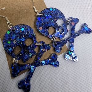 Blue Glitter Skull Earrings